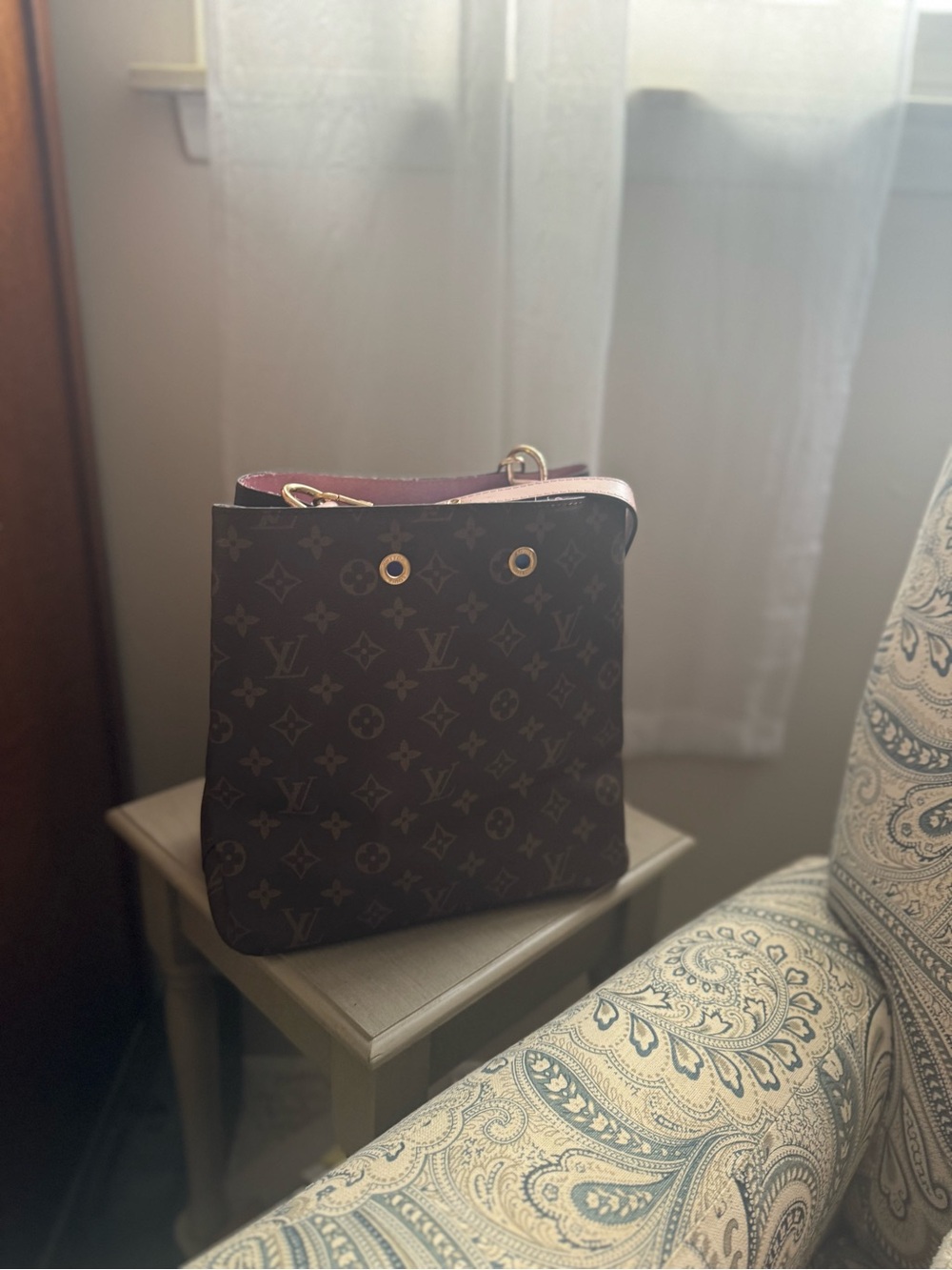 Faux Monogram Canvas Brown Shoulder Bag with Pink Interior